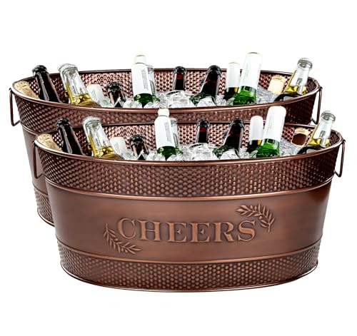 BREKX Copper Beverage Tubs for Parties, Large Ice Buckets with Handles, Celebration Cheers Design, 2-Pack of 6-Gallon Ice Buckets for Parties, Hosting Essentials