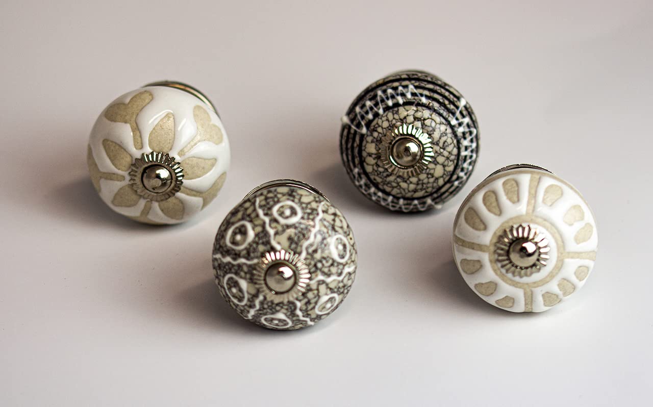 youngschwinnDESIGN - Pack of 4 ceramic furniture knobs, white and grey, diameter: 40 mm, cabinet knob, drawer knob, including screws, shabby chic, vintage