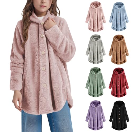 Kids Fleece Plain Hoodie Top Button Down Solid Color Sweatshirt Long Sleeve Fashion Baggy Jacket with Pockets Girls Regular Fit Thermal Coat Outerwear (Pink, 5-6 Years)