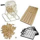 Royal Bingo Supplies Vintage Wooden Bingo Game - 6-Inch Brass Cage with Calling Board, 75 Balls, 150 Bingo Chips, 18 Bingo Cards for Large Group Games