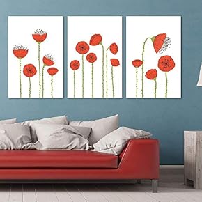 3 Panel Canvas Wall Art - Hand Drawing Style Red Poppy Flowers - Giclee Print Gallery Wrap Modern Home Art Ready to Hang - 16"x24" x 3 Panels