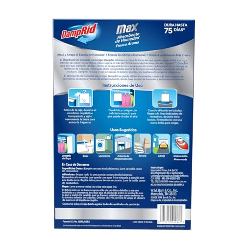 DampRid Max Absorbente de Humedad para Colgar en Armarios. Deshumidificador que Atrapa el Exceso de Humedad y Elimina el Olor a Humedad. 4 Bolsas Colgantes de 453 g