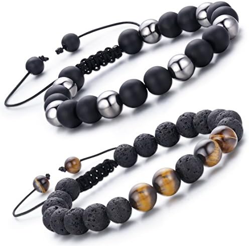 LYLYMIMI Tiger Eyes Stone Lava Bead Bracelets for Men Hematite Stretch Bracelet