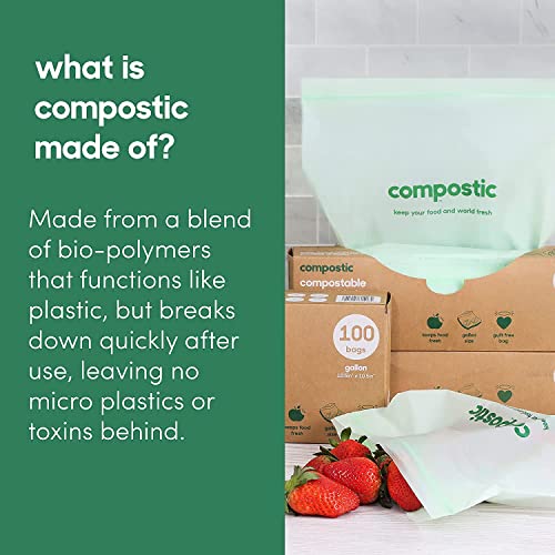 Compostic Compostable Gallon Bags (100 Count) Bulk Pack — Resealable Zip-Seal, Plant-Based, Home Compostable, Freezer Safe, BPA-Free, Non-Toxic, GMO-Free Food Storage Bags