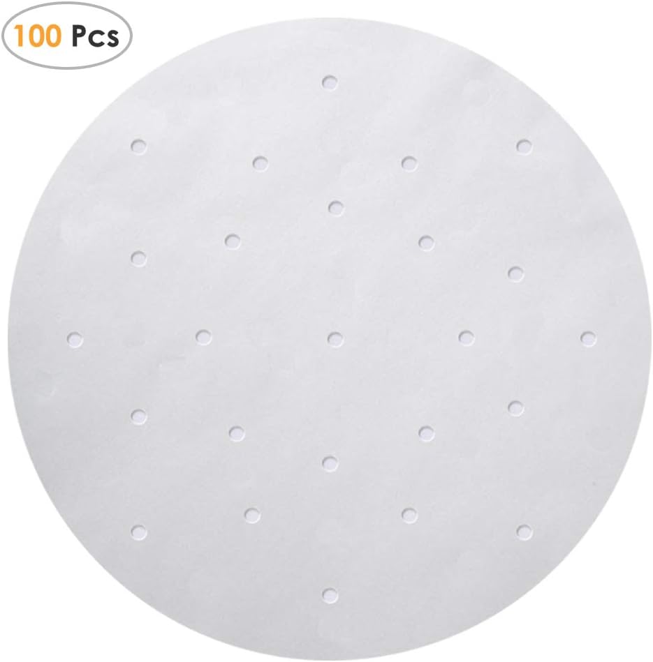 Cloudyfocus Air Fryer Liners - 100pcs, 9 inch Premium Perforated Parchment Steaming Papers for 5.3 Quart Air Fryer, Bamboo Steamer Basket, Non-stick Steamer Mat for Cooking, Baking, Grill, Toast