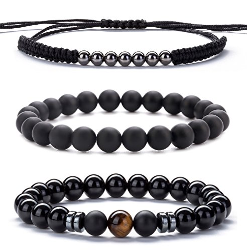 Hamoery Men Women 8mm Lava Rock Wrap Bracelet Braided Rope Natural Stone Stack Bracelet Bangle Set(Set 1)