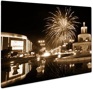 Ashley Giclee Bucharest Ro May 22 2015 Unirii Fountain With Fireworks, Wall Art Photo Print On Metal Panel, Sepia, 24x30, Floating Frame, AG5957080