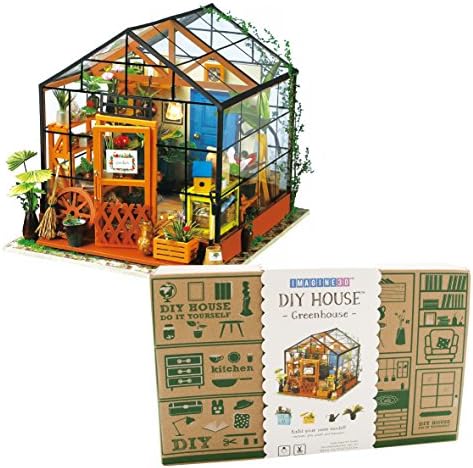 Imagine 3D DIY House Model Kit Greenhouse with LED Light Kit - Miniature Dollhouse Build It Yourself Kit for Hobbyists and Enthusiasts