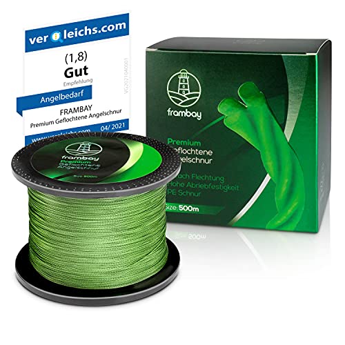 Frambay Geflochtene Angelschnur mit starker 4-Fach Flechtung I Angelschnur geflochten und flexibel I Fishing Line, Angelsehne, Angel Schnur - 500m & 1