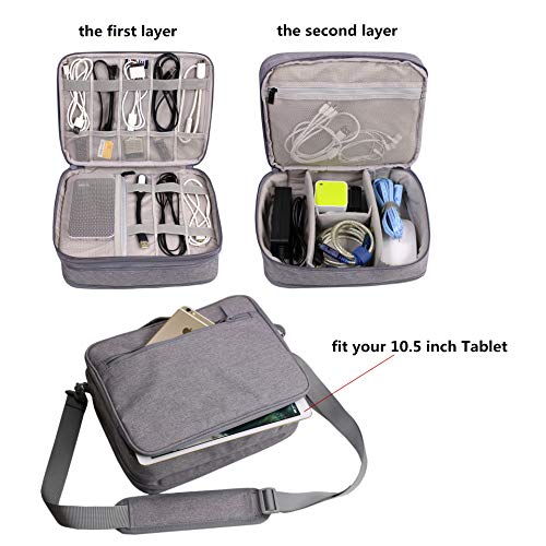 Electronics Organizer Travel Cable Cord Bag Accessories Gadget Gear Storage Cases for 10.5 Inch Tablet Large with Shoulder Strap (Light Gray) - Thumbnail 3