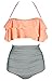 COCOSHIP Orange Pink & Black Striped Retro Boho Flounce Falbala High Waist Bikini Set Chic Swimsuit Bathing Suit S(FBA)