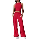 QINSEN Women's 2 Piece Sets Summer Ribbed Knit Crop Tank Tops Wide Leg Pants Sleeveless Tracksuit