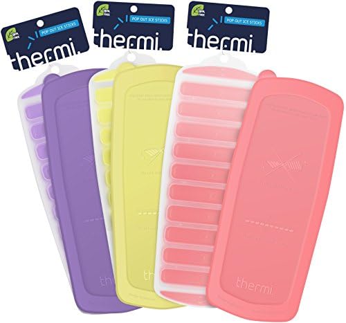 Thermi Ice Cube Tray with Easy Release Push Pop Out Narrow Ice Stick Cubes for Small Mouth Sport Water Bottles S'well Cola Vacuum Insulated (3 Pack + Lids (Coral Pink, Canary Yellow, Lavender Purple))