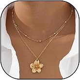 Titayen Chunky Gold Flower Pendant Necklace for Women Trendy Gold Layered Flower Pendant Chain Choker Necklace