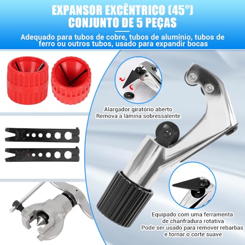 Flangeador Excêntrico, Cortador E Escariador 1/4 a 3/4, Kit Flangeador Excêntrico Sem Catraca, com Cortador de Tubos, Pode Ser Usado para Expandir Tubos de Cobre, Fangeador Excêntrico