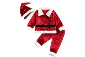 HEZIOWYUN Toddler Baby Boys Girls Santa Costume Velvet Long Sleeve Christmas Jacket + Long Pants +Xmas Hat 3pcs Sets
