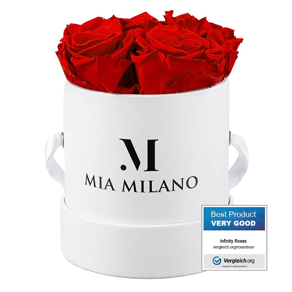 Mia Milano ® Rose box with 4 Infinity roses | Flowerbox (gift box for Valentine's Day) preserved flowers 5 years durable (White - Red)