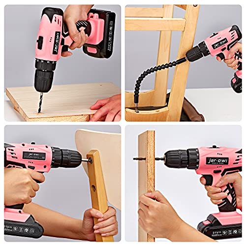 jar-owl 21V Pink Tool Set with Drill, Cordless Drill/Driver Set with 3/8 Inch Keyless Chuck,1.5AH 2PCS Battery and Charger for Home Tool Kit