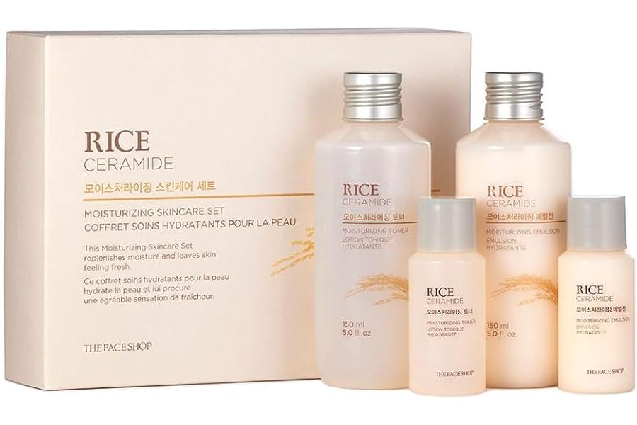 The Face Shop Rice Ceramide Moisturizing Skincare Set – Toner & Moisturizer, Korean Skin Care with Rice Water, Gift Set, Travel Size, Hydrating for Dry Skin