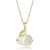 AMINKINA 14K Gold Rabbit Necklace for Women - Natural Jade Pendant, Chinese New Year Jewelry Gift