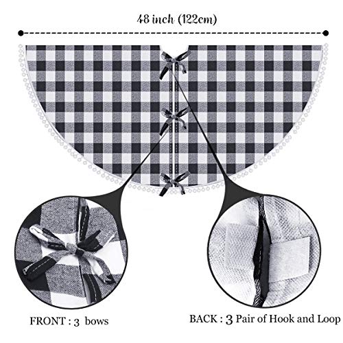 SevenFish 48 inch Buffalo Plaid Christmas Tree Skirt Black and White Buffalo Check Tree Skirt with Pom Pom for Christmas Decorations