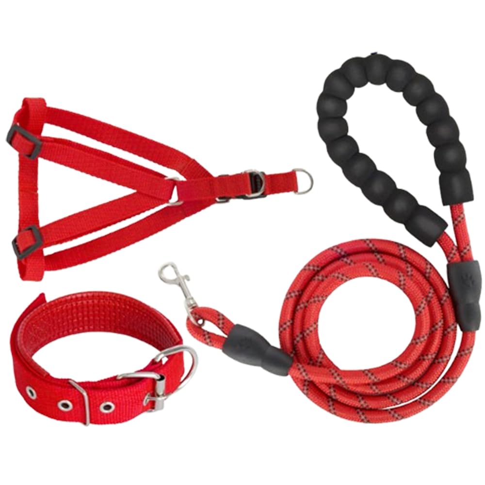 Dog Lead with Soft Padded and Anti Slip Comfortable Rope Handle Slip Rope Dog Lead for Medium Dogs 3m Reflective Slip Leads with Soft Padded Handle for Training Walking (Red Three Piece Set) L arge