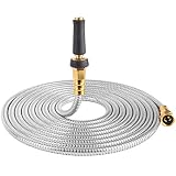 25' 304 Stainless Steel Garden Hose, Lightweight Metal Hose with Free Nozzle, Guaranteed Flexible and Kink Free