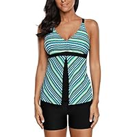 Hainter Swimsuits for Women New Greenish Fish Scale Print Tankini and Short Set Women Striped Print Swimsuit Two-Piece Beach Bikini Swimsuit