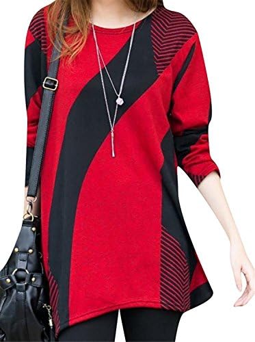 Opment Women's Fashion Geometry Long Sleeve Top T-shirt Blouse RedOne Size