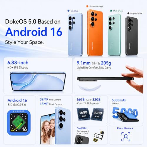 Blackview WAVE 10C Mobile Phones,Android 16 Phone,6.88" HD+ Unlocked Smartphone 16GB+32GB(1TB TF),32MP+13MP, 5000mAh,Dual SIM/Face ID/GPS/OTG,Warranty 3 Years,Orange