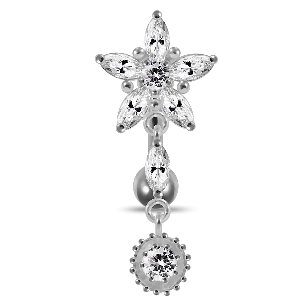 AZARIO LONDON White Crystal Stone Trendy Flower Design Sterling Silver Belly Bars Piercing