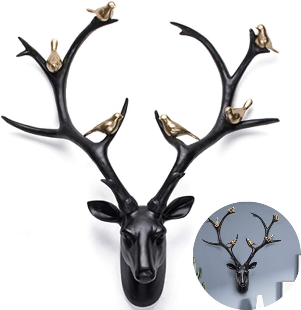 ECHOV Wall Decoration Creative Lucky Deer Head Wall Pendant American Living Room Porch Wall Decoration Three-Dimensional Wall Hanging Ornaments (Color : Black, Size : 5161cm)