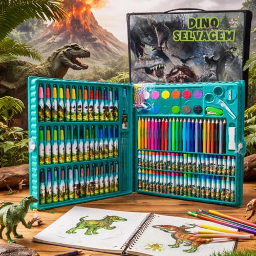 Maleta de Pintura Infantil 150 Itens Dinossauro Desenho Arte Material Escolar Presente para Crianças Dino