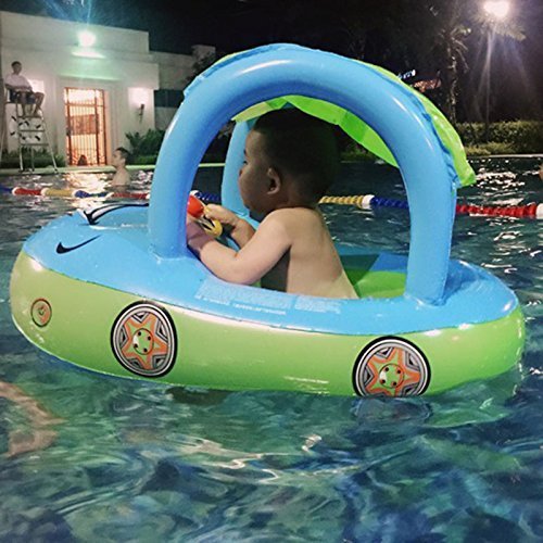 A.B Crew Cartoon Car Swim Float Seat Boat Pool Ring Seat With Sunshade & Canopy For Kids Baby Infant (Blue+Green)