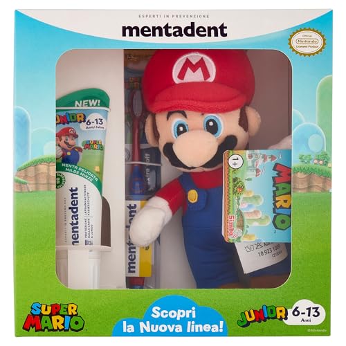 , Super Mario Junior Brosse à dents et dentifrice pour enfants 6-13 ans avec goût menthe délicate, brosse à dents de garçon Super Mario