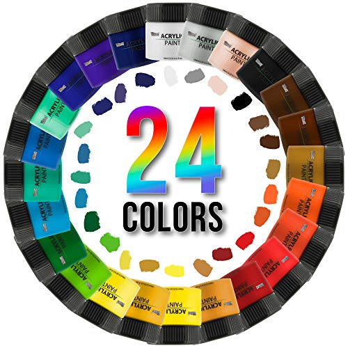 U.S. Art Supply 24 Color Acrylic Paint Set, 3.3 Fl Oz (Pack of 24), Professional Artist Bright and Vivid Opaque Colors