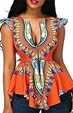 Wonder Women Sexy Cap Sleeve Baroque Ethnic Tribal African Printed Zippered Zipper Front Zip up Blouse Shirt Peplum Top