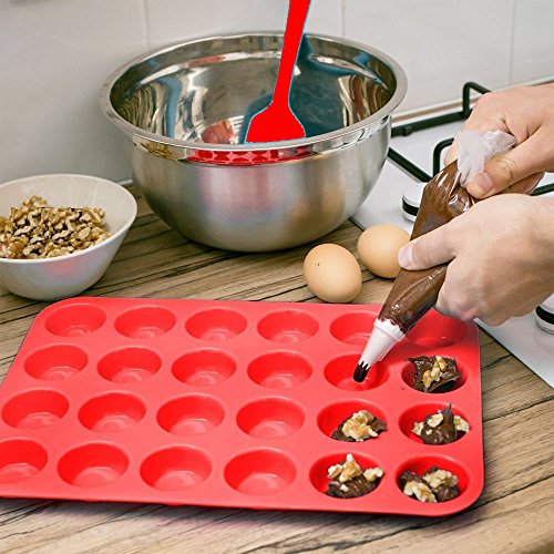 Premium Silicone Mini Muffin & Cupcake Baking Pan Large Non Stick 24 Cup Cookies Molds Bakeware Tin Soap Tray Mould by Meiso (Set of 2) (Red) - Thumbnail 2