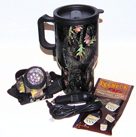 Camouflage Heated Car or Boat Travel Mug, LED Headlamp and Moonshine Bourbon Flavor Cocoa Mix Gift Set