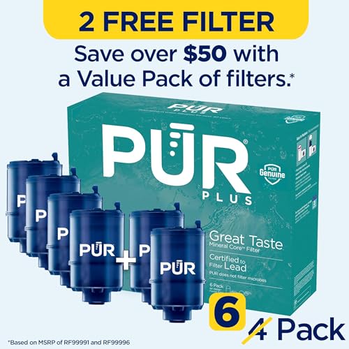 PUR PLUS FAUCET MOUNT REPLACEMENT FILTER 6-PACK, GENUINE PUR FILTER, 2-IN-1 POWERFUL, NATURAL MINERAL FILTRATION, LEAD REMOVAL, 18-MONTH VALUE, BLUE (RF99996)