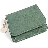 Mudono Small Wallet for Women RFID Blocking Genuine Leather Card Case Slim Tri-Fold Wallet with Zipper Pocket and Keychain