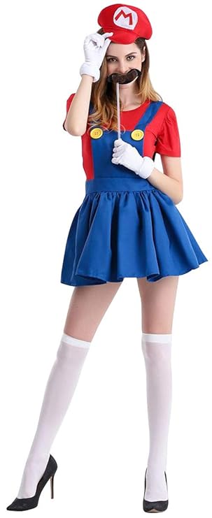 5ALL Halloween Deko Kostüme Super Mario Luigi Mütze + Kleid + Bart + Handschuhe - Kostüm-Set für Damen - Perfekt für Party Ka