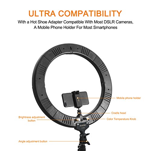 LED Ring Light with Stand, Zomei 18 Inches Ring Light for Camera Smartphone Youtube Video Shooting and makeup, Dimmable 2700-5500K Studio Lighting with Phone Holder, Hot Shoe and Carrying bag
