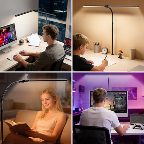 Lampara de Escritorio LED con Control Remoto, 1800LM Luz Escritorio Doble Cabezal Ultra Ancha, 5 Temperaturas Color y 5 Brillos, Lámpara Mesa con Pinza para Monitor, Oficina, Estudio, Lectura y Gaming