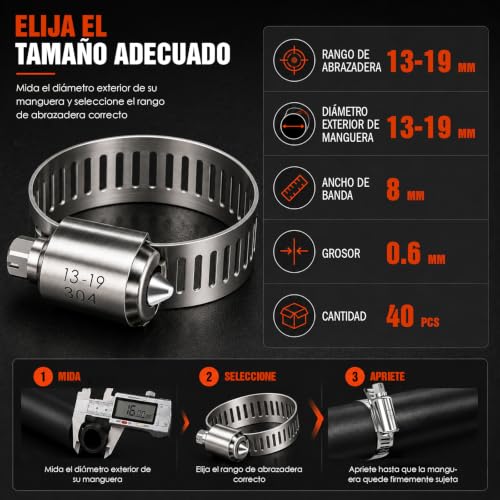Abrazaderas Metálicas para Tubos, 40PCS 13-19 mm Abrazadera Ajustable con Tornillo Sin Fin de Acero Inoxidable para Automoción, Fontanería y Reparaciones Domésticas, Conexiones Seguras