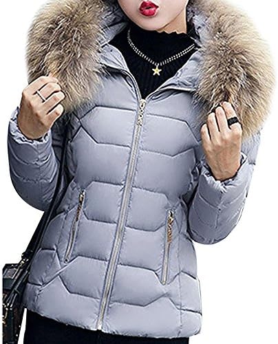 Qlassic Women's Short Down Coat Cotton Parka Faux Fur Collar Hooded Coat Quilted Jacket