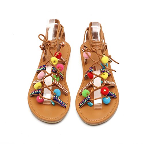 Click Here to See More Images BeautyVan—— Rome Sandals Women Bohemia Sandals Gladiator Leather Sandals Flats Shoes Pom-Pom Sandals Open-Toed Sandals (US:7.5, Multicolor)