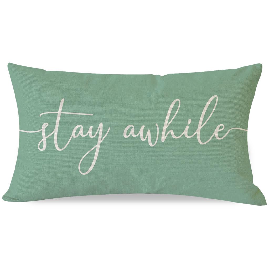 Photo 1 of PANDICORN Modern Farmhouse Pillow Covers 12x20 with Words Stay Awhile Cozy Relax Pillow Cover Sayings Sage Green Rustic Outdoor Spring Decorations Lumbar Throw Pillows Case for Home Couch Porch Decor