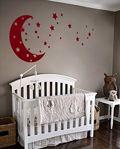 Moon and Stars Night Sky Vinyl Wall Art Decal Sticker Design for Nursery Room DIY Mural Decoration (Burgundy, 22x49 inches)