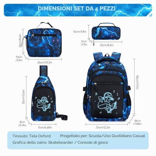 Amythe Boys Backpack - Elementary and Middle School - Complete Set with Chest Bag, Lunch Bag & Pencil Case - Teenagers Large Lightweight Waterproof Backpack for School & Travel, Blue